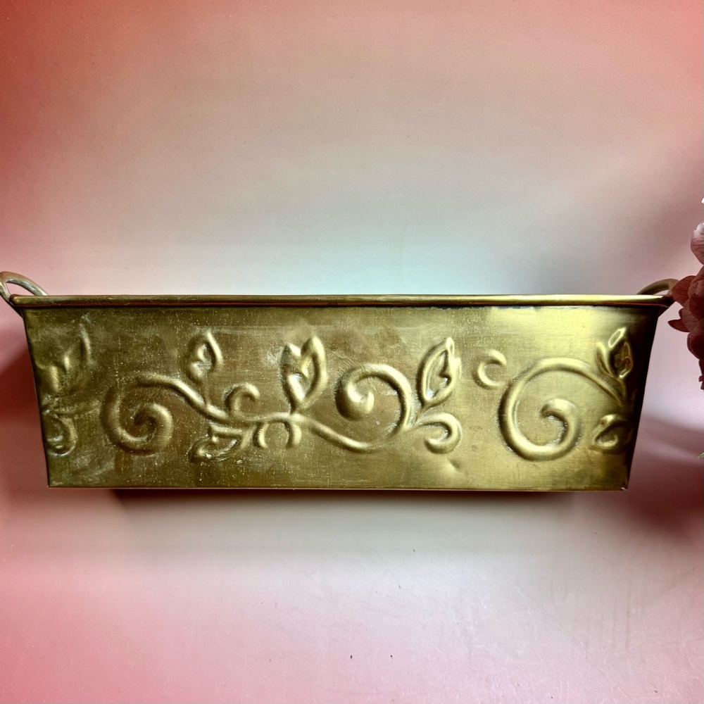 Vintage Patina Hosley Brass Planter embossed vine design and handles.